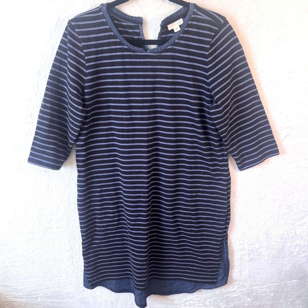 J. Jill Tunic Dress Striped Cotton Tencel Trim Medium Blue Womens SZ M